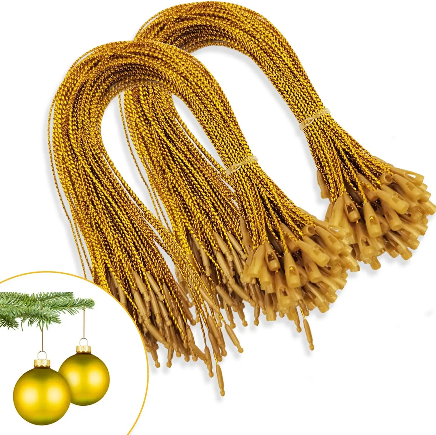 Christmas Tree Ornament String Hanger Precut Ribbon Hook with Snap Fastener | 200Pcs, Gold, Easy to Use kockuu