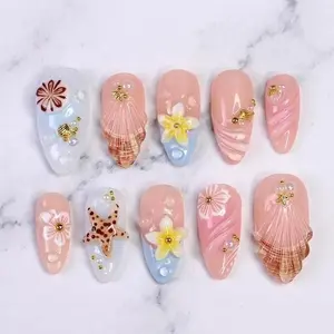 Summer Press on Nails with Starfish & Plumeria, 3D Ocean Fake Nails in Medium Almond, Handmade Seashell Nail Art for Vacation, Party Holiday