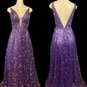 Elegant Purple Evening Gown with Deep V-Neck and Floral Embellishments for Special Occasions