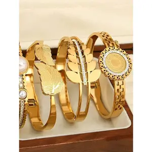 ALLYES Trendy Chic 18K Gold Color Stainless Steel Bangles Bracelets for Women Heart Coin Zircon Leaf Geometric Fashion Jewelry