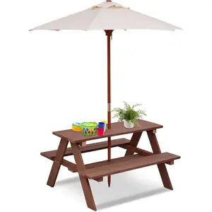 HONEY JOY Kids Picnic Table, Outdoor Wooden Bench Set w/Removable Umbrella, Children Backyard Furniture for Patio Garden, Toddler Picnic Table for Outdoors, Gift for Boys Girls, Walnut
