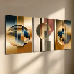 3 Count Wooden Frame Canvas Prints, Gold & Navy Blue Abstract Geometric Triptych Canvas Wall Art, Modern Luxury Print, Contemporary Art, Exquisite Family Poster, Suitable for Living Room Corridor Wall, HD Inkjet Printing, Artwork