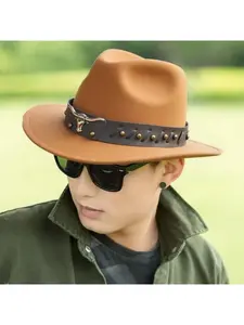 1pc Vintage Western Cowboy Beach Straw Hat for Men and Women, Ethnic Style Fedora for Outdoor Travel.Accessories and hat are shipped separately; colors are subject to actual white-background photos.