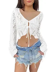 Women's Fashion Cardigan, Boho Style Solid Hollow Out Drawstring Knit Sweater, Flare Sleeve Short Waist Crop Vacation Top, Summer Party Fashion Item