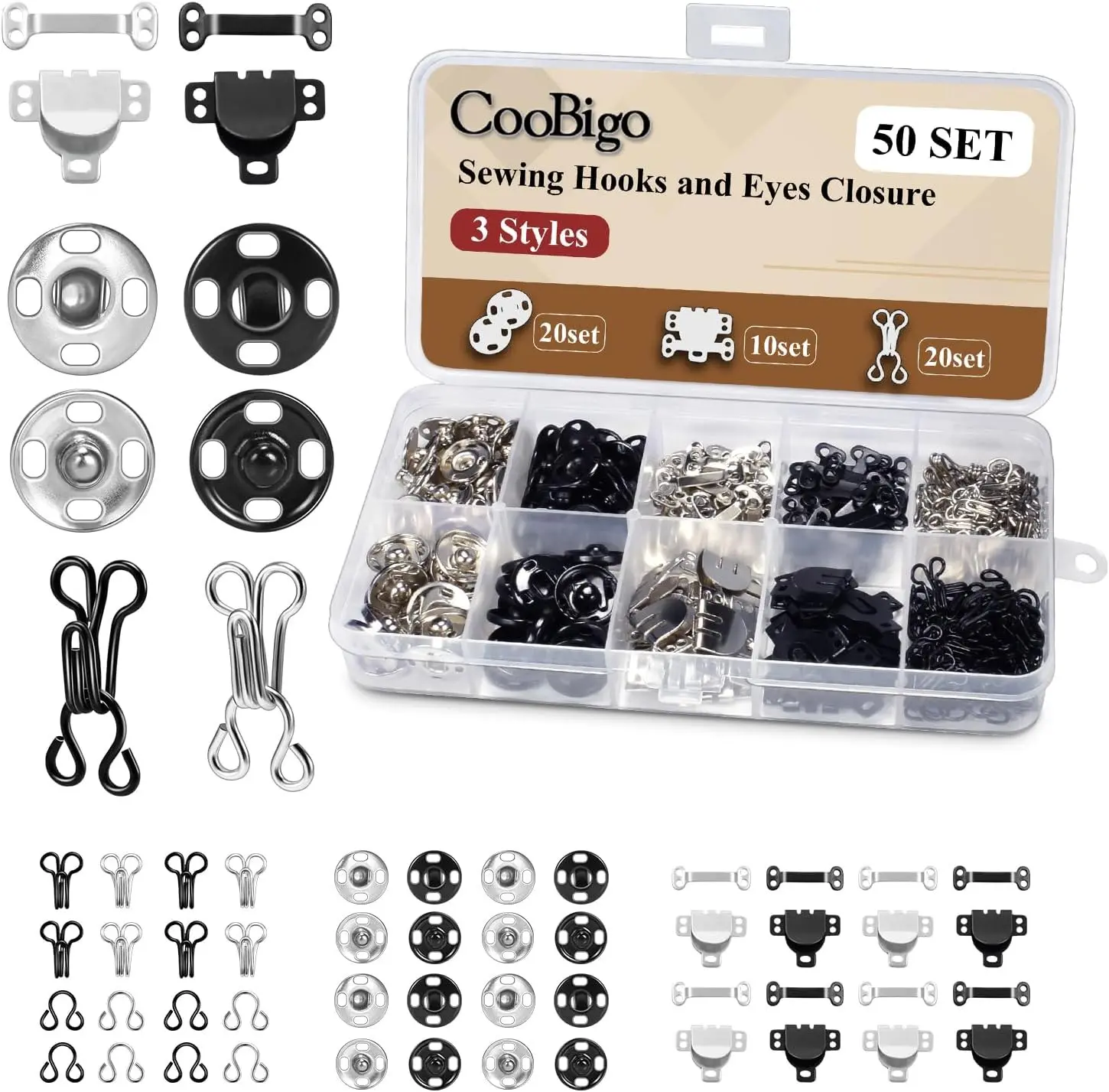 Hook and Eye Sewing Set Snap Button Kit with Bra Hooks & Skirt Hooks and Eyes Latches for Different Options for Sewing Closures, 3 Styles Sewing Fasteners for Clothing