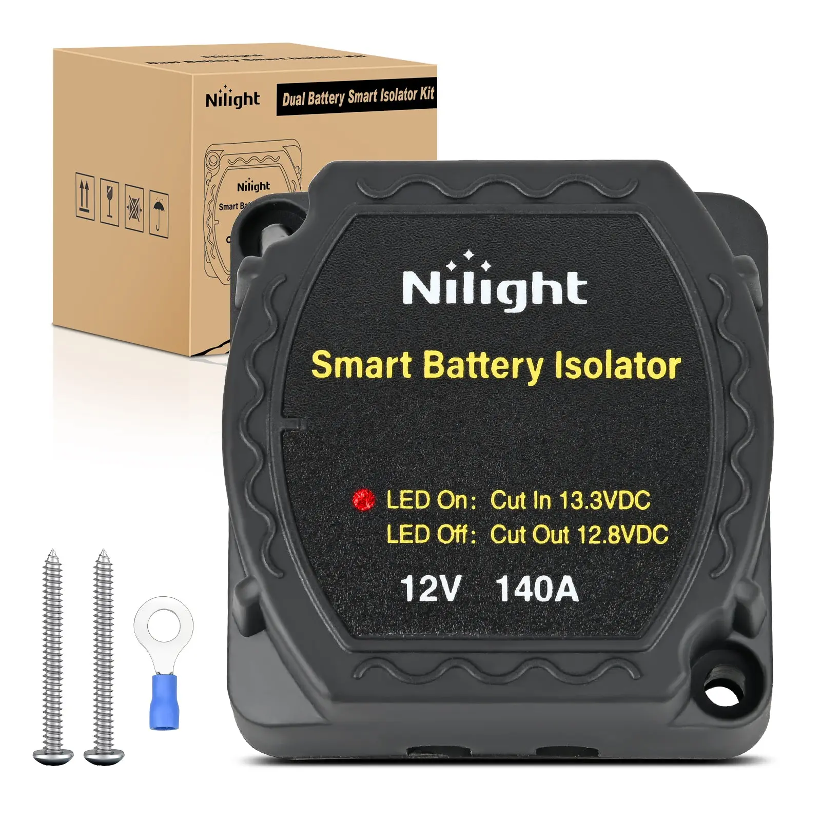 Nilight 12V 140A Capacity Smart VSR Relay Unit, 140AMP Dual Battery Isolator Auto Disconnect Switch with Smart Cut-In, IP66 Rated ABS Plastic Off-Road Charger Relay with Screws for Truck, RV, Includes Screws