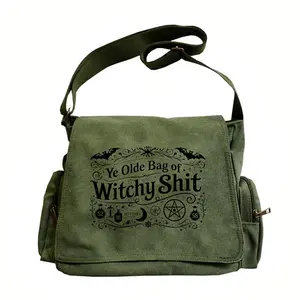 Large-capacity crossbody bag, vintage flap tote crossbody shoulder messenger bag, available in two colors. Printed patterns include a bat, pentagram, moon, wand, and mysterious symbols/text: “Ye Olde Bag of Witchy Shit.” Suitable for Halloween parties, ga
