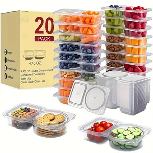 Reusable Snack Containers with Lids, Clear, Sealed Dual Compartment, 2 Grid Seasoning Container, Condiment Container, Dip Sauce, Salad Dressing, Travel and Meal Prep, Portion Control, Stackable Containers
