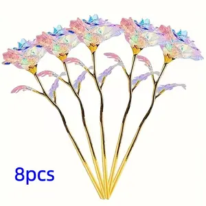 8pcs Artificial Crystal Roses, Transparent Realistic Decorative Rose Bouquet for Wedding, Mother's Day, Easter, Anniversary Centerpiece, Birthday Party Gift