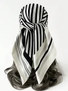 Black & White Geometric Print Jacquard Satin Bandana - Stylish Striped Head Scarf for Casual, Travel, Beach & Streetwear