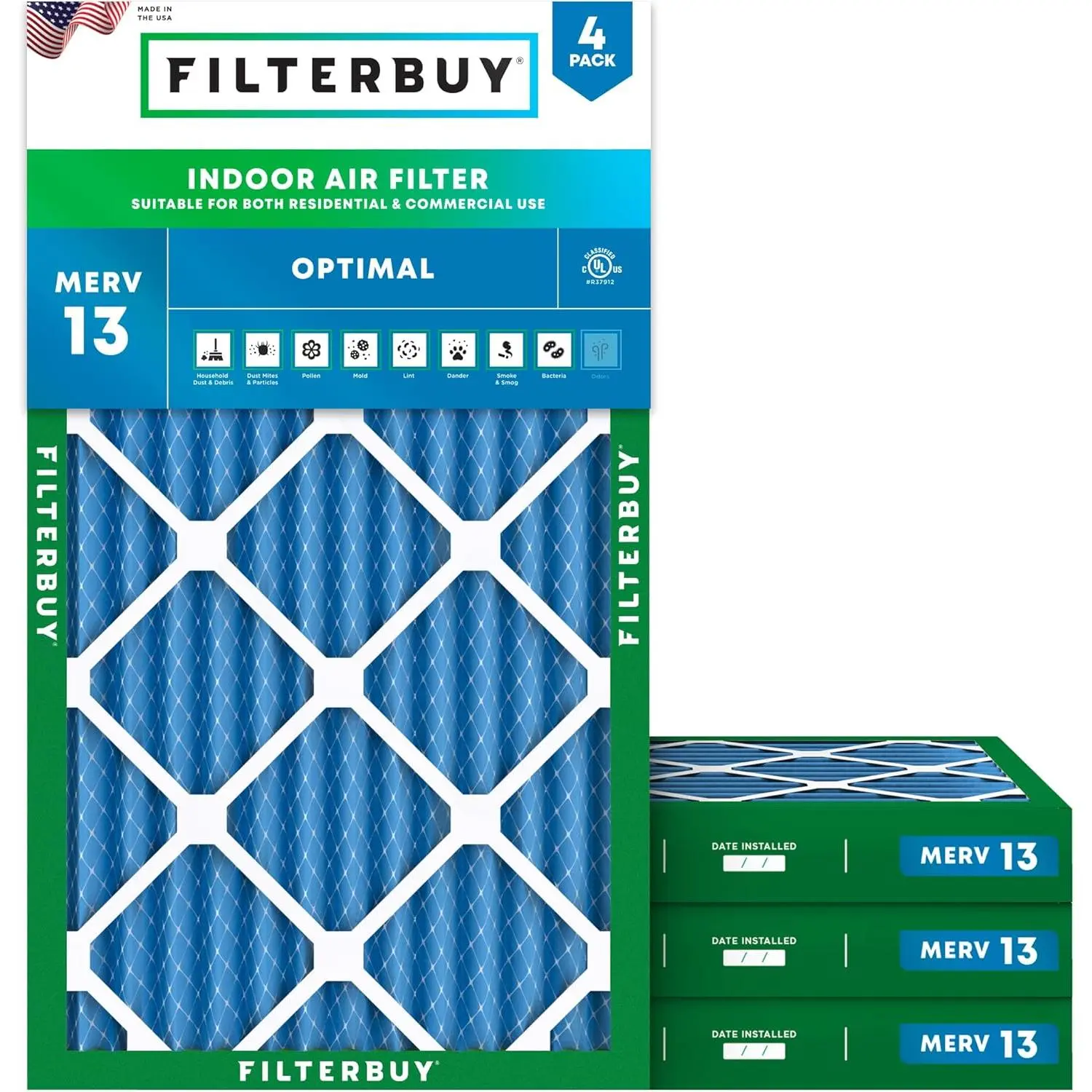 Filterbuy Replacement Pleated HVAC AC Furnace Air Filter (4-Pack, 17.25x26x2 in Actual Size) - MERV 13 Rating, Electrostatic Charge, Optimal Particle Capture Defense