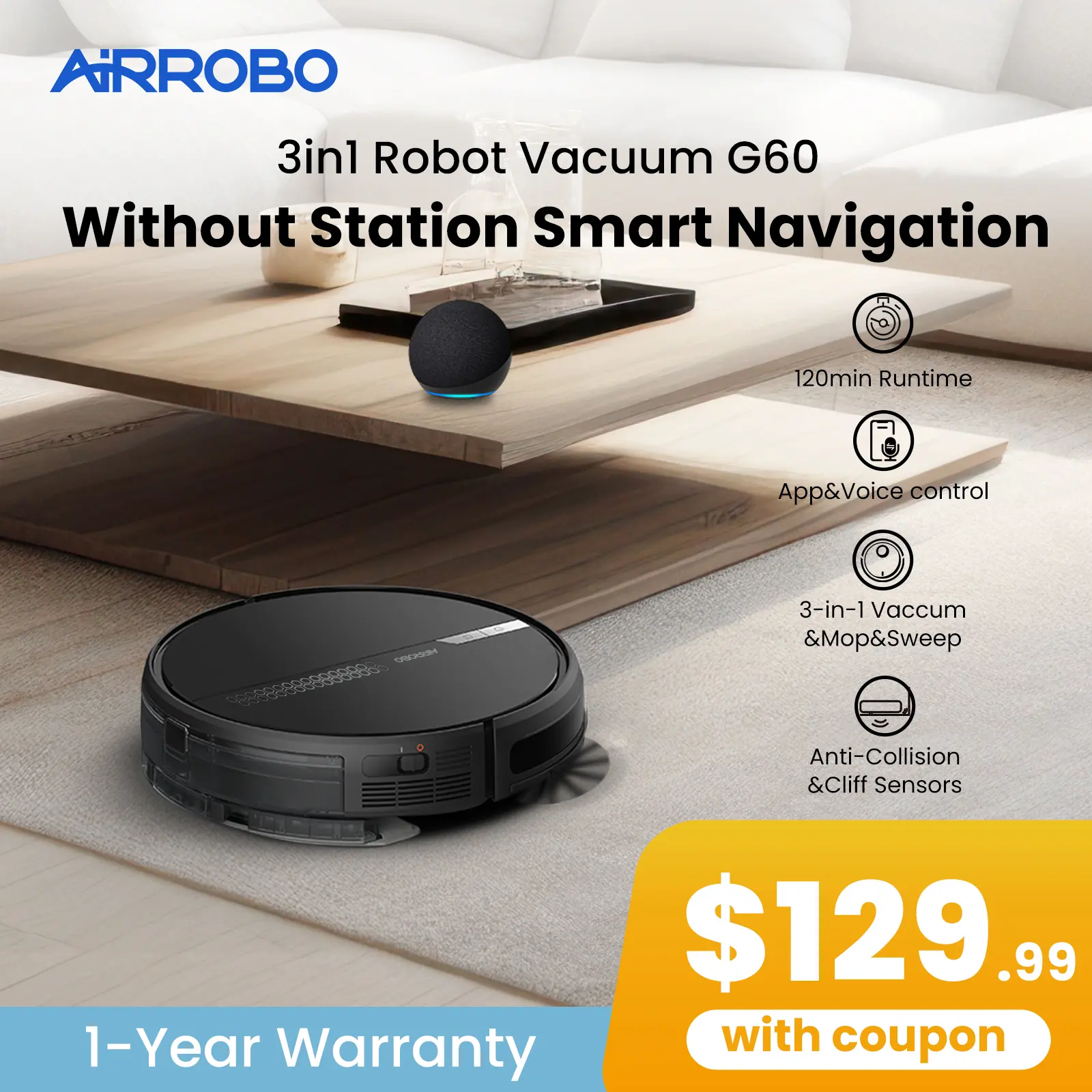 AIRROBO G60 3 in 1 Robot Vacuum & Mop, 3000Pa, Wifi/APP, Alexa/Google, Pet Hair, Hard Floors, Low Carpet