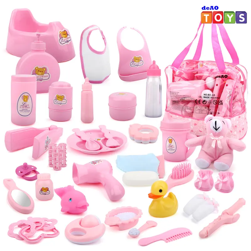 deAO Doll Accessories Bag with Feeding Accessories 40 Pieces, Clothes, Doll Bear, Bath Toys, Soother Dummy and Much More - Great Nurturing Pretend Toy Play Set