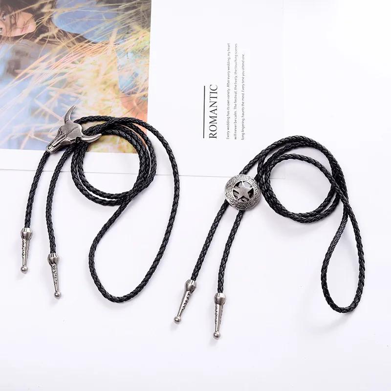 Adjustable Bull Head Five Stars Western Cowboy Bolo Tie Rodeo Dance Necktie Faux Leather Pendant Necklace