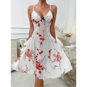 Ice Sliky Fiber Fabric Sexy Sheer Mesh Camisole Dress with Large Floral Print and Small Flowers for Women, Summer Semi-Transparent Skirt
