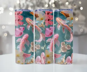Pink Koi Fish Aesthetic 20oz Tumbler – Ocean Vibes, Floral & Seashell Design