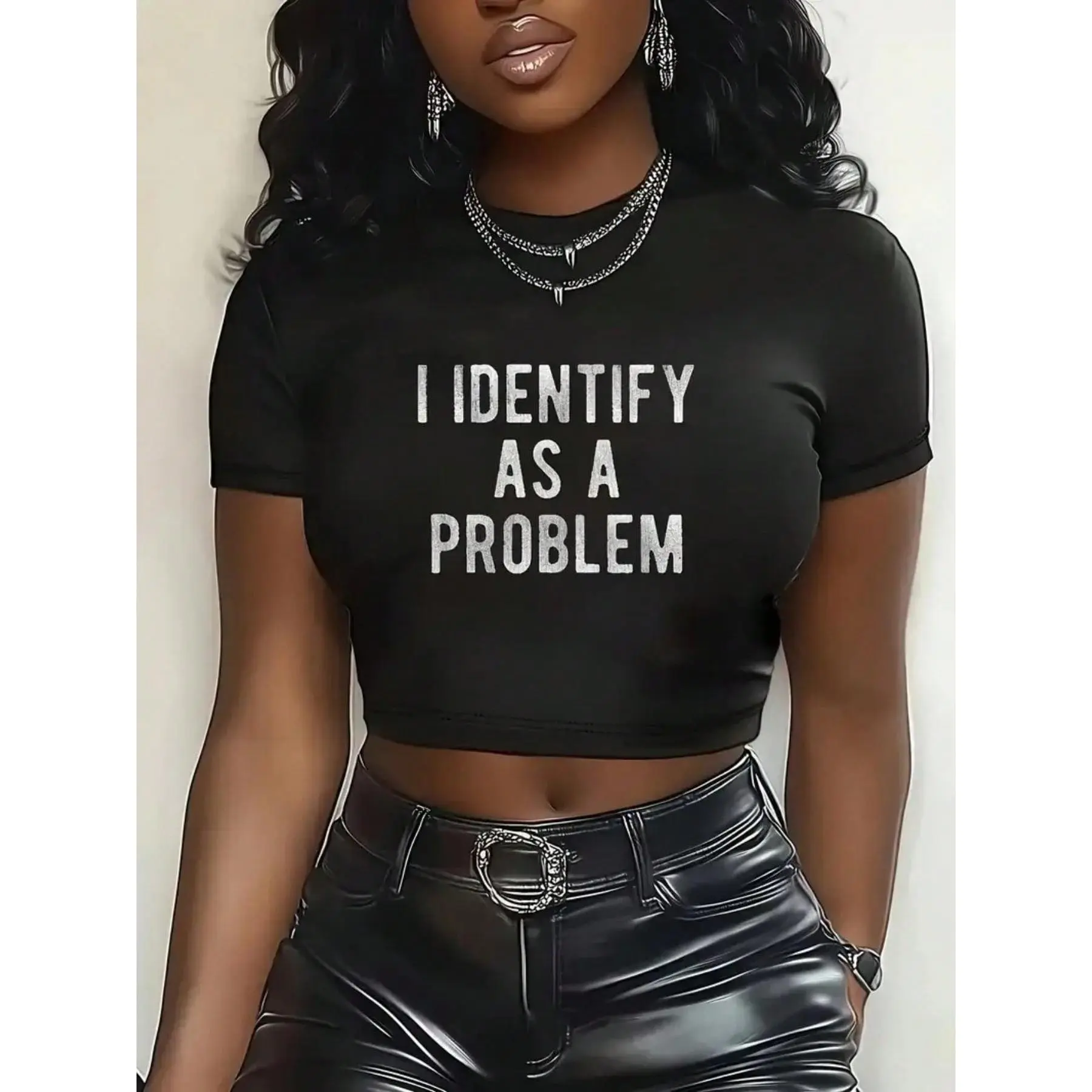 Women'S Slim-Fit Cropped T-Shirt With Elastic Waist Design - Lightweight Short Sleeve Round Neck Top, White With Bold "I Identify As A Problem" Slogan Print, Casual & Party Wear, All-Season Comfort, Versatile Everyday Statement Tee