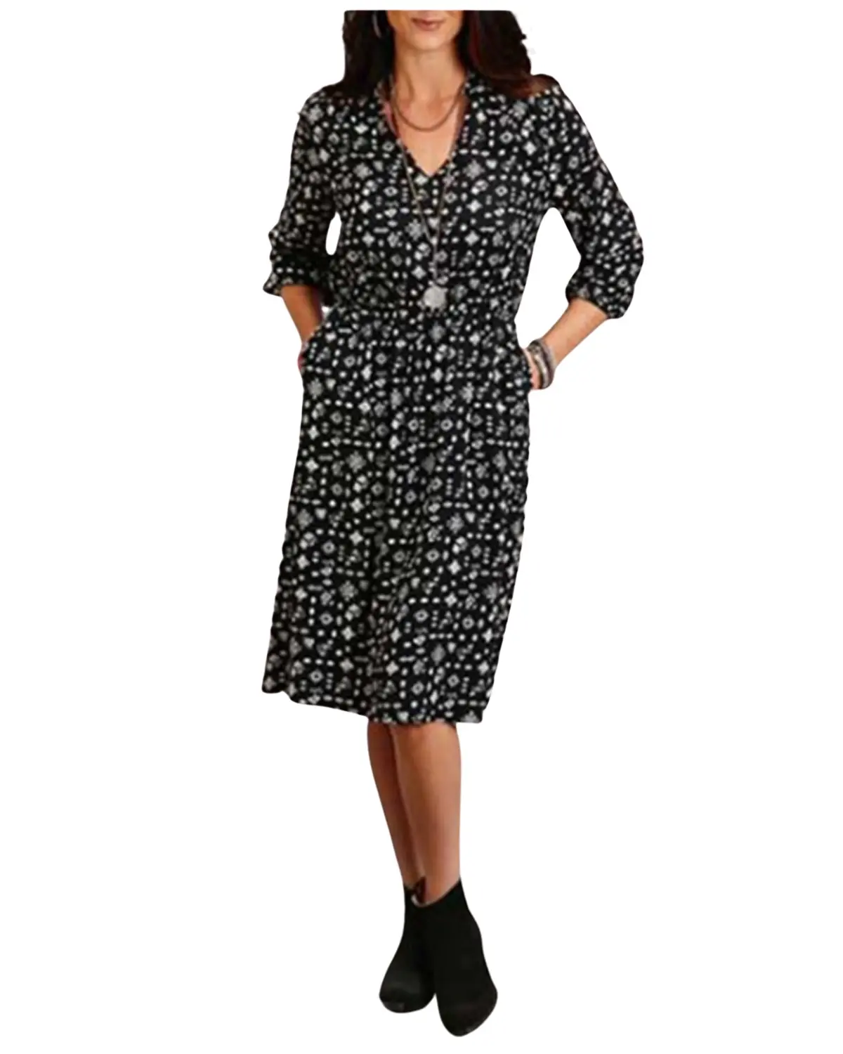 Stetson Women's  Women'S Southwestern Print Long Sleeve Midi Dress - 11-057-0590-0108 Bl