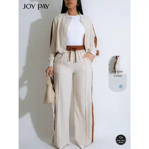 JOY PAY Women's 2-Piece Set – Light Luxury Casual Sporty Color-Block Zip-Up Baseball Jacket + High-Waisted Drawstring Wide-Leg Pants for Commuting, Travel, Airport Outfit, Party, Date, Daily Wear