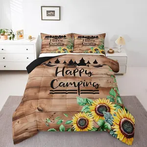 Feelyou Camper Bed Comforter Sets - Polyester Fiber, Lightweight Warmth, Vintage Woodland Silhouette, Rustic Wooden Happy Camping Design, Sunflower Print, RV/Campground Ready, Multi-Size Bedroom Bedding Set