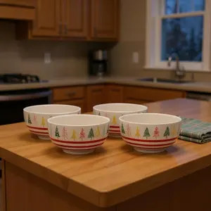 360 Stand 6 in. Round Ceramic Christmas Tableware Bowls - Set of 4, Festive Stylish Stripe (White, Green & Red), 360-Degree Stand, for Christmas Tree Room Decor, Holiday Candy or Nut Serving