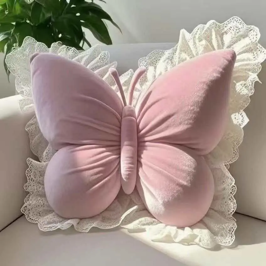 Cute Butterfly Throw Pillow with Lace Trim - Aesthetic Coquette Room Decor - Soft Plush Cushion for Sofa, Bed, Chair & Car
