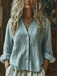 Women's Bohemian V-Neck Linen Shirt, Spring & Fall Casual Loose Fit Long Sleeve Top, Vacation Style Blouse for Women, Lady, Womenswear