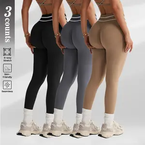 TCVC 3 Piece Women's High Waist Leggings, Striped Waistband Tummy Control Booty Lifting Yoga Pants, 4 Way Stretch Seamless Athletic Leggings for Gym Workout Casual Daily Wear All Seasons - TCVC