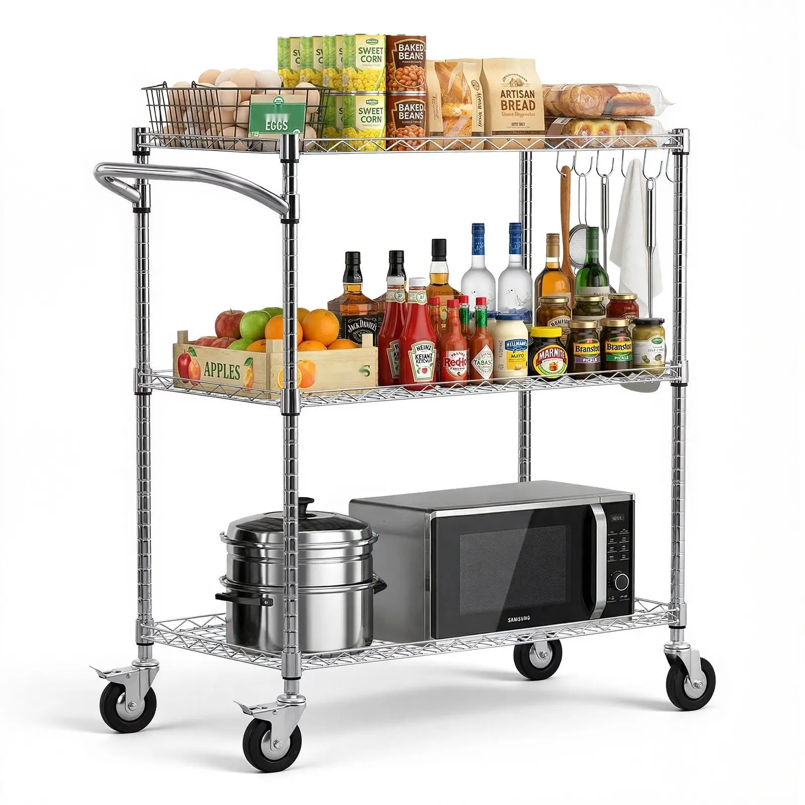Three-Tier Kitchen Utility Cart With Heavy-Duty Adjustable Wire Storage Rack, Steel Rolling Service Trolley On Wheels, Work Table With Handle, Suitable For Garage And Laundry Room, Dimensions 35 X 17.8 X 40.9 Inches