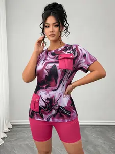 Artistic Print Short Sleeve T-Shirt + Solid Color Shorts Set, Street Style Cool Fit, Breathable Skin-Friendly, Plus Size Women Casual Wear