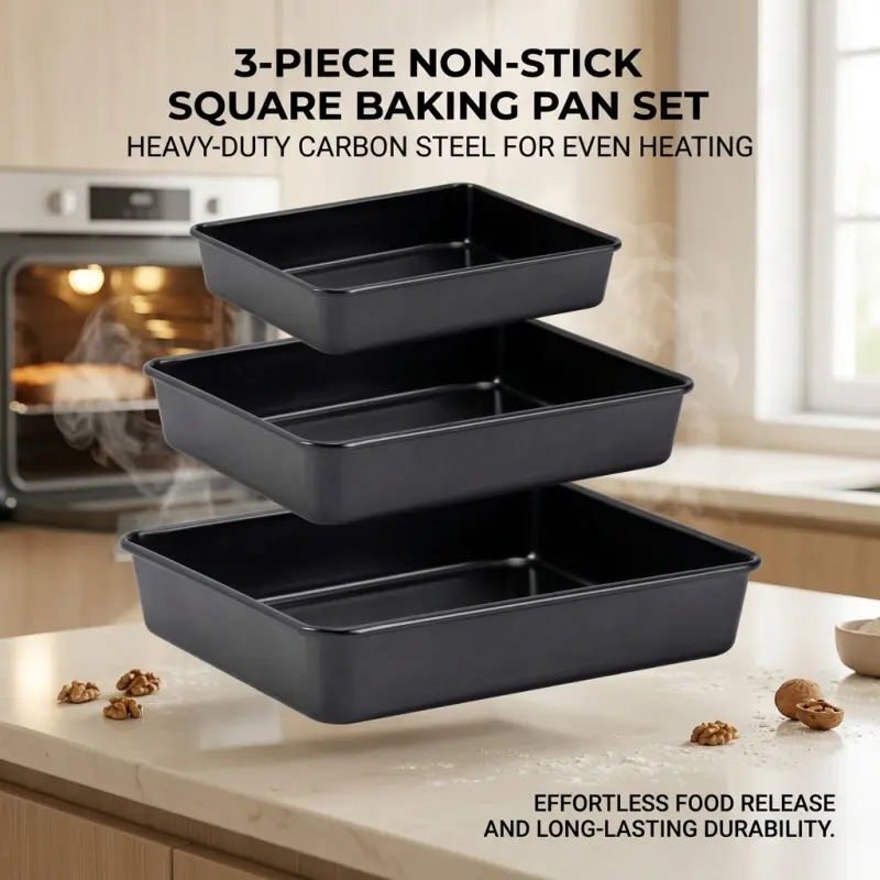 3-Piece Non-Stick Square Baking Pan Set, Heavy-Duty Carbon Steel Bakeware for Oven, Even Heating Cake & Bread Trays, Square Cake Mold, Baking Molds