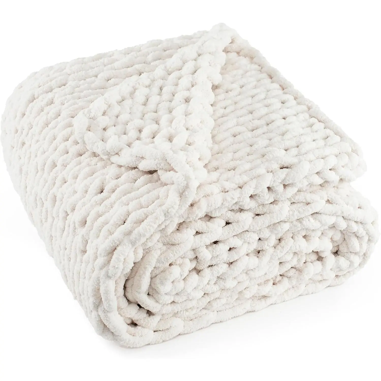 Cream White Solid Pattern Modern Handmade Craft Couch Throw Blanket, 50"x60" 4.4lbs 100% Chenille Yarn Thick Cable-Knitted Rope Knot, Durable Breathable for Couch Sofa, Ideal for Birthdays