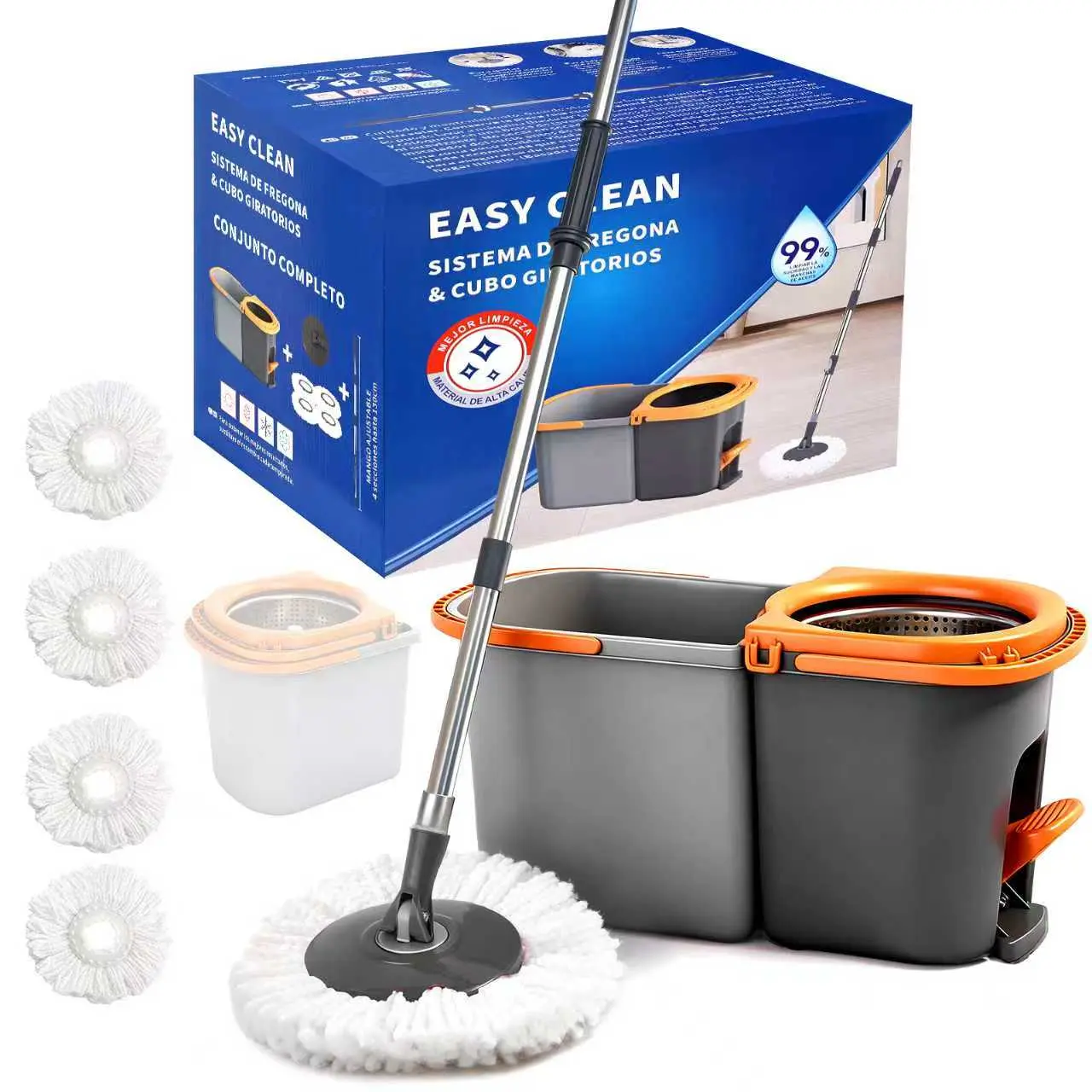 Absorbent Self-Wringing Mop Bucket Set, Sturdy 360° Easy Wring System, Stainless Steel Handle, 4 Polyester Refill Heads, Bucket-Based Fast Fluid Removal Mop for Home Kitchen Floor Cleaning