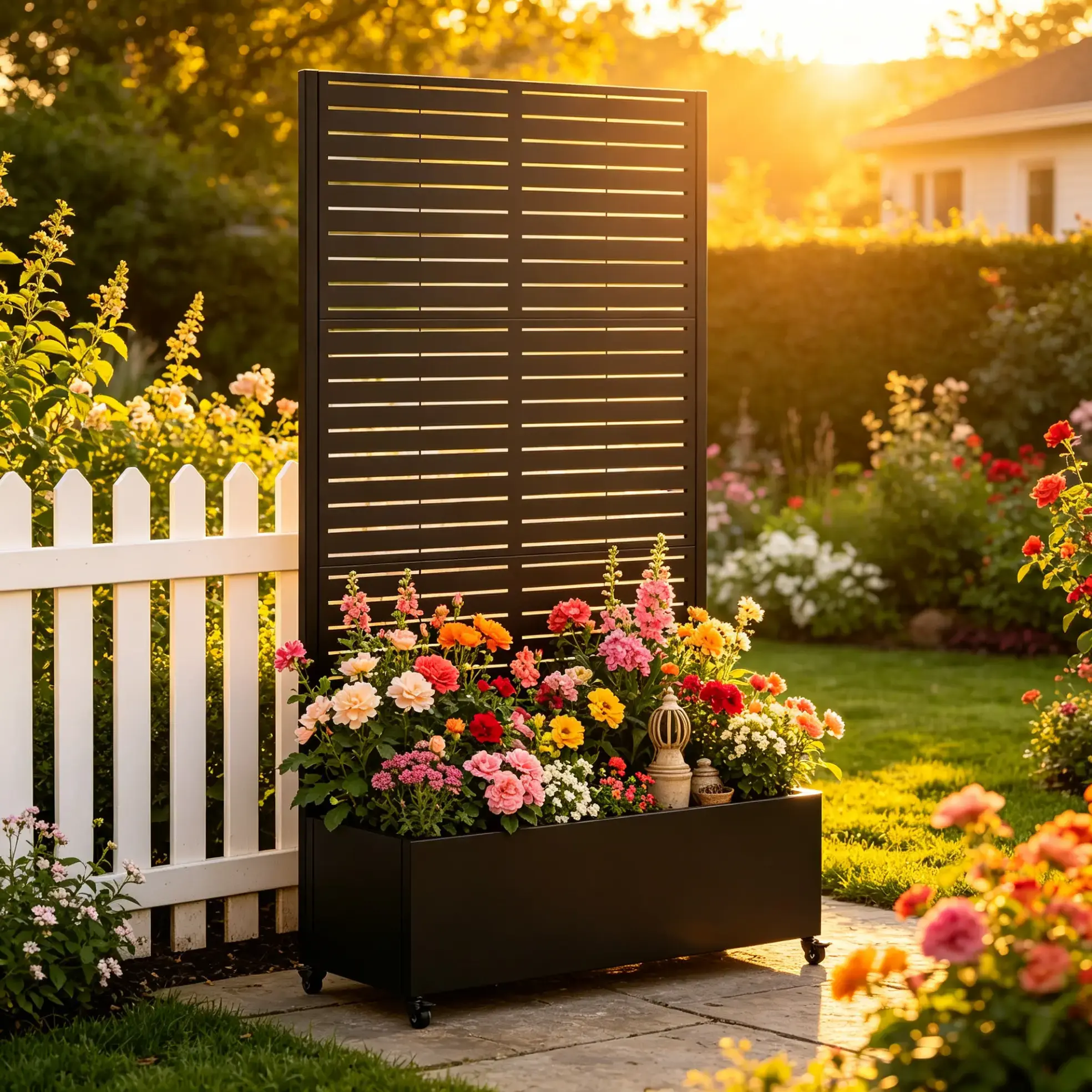 Metal Planter Box with Trellis, 73"x35"x16 Raised Garden Bed with Drainage Holes, Lockable Wheels & Privacy Screen for Climbing Plants, Vegetables