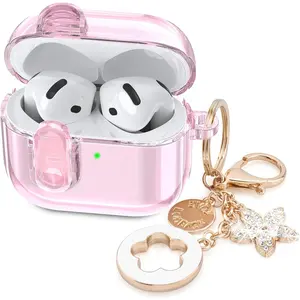 (with Safety Lock) Clear Case Cover Protection for AirPods 4 with Cute Bling Keychain Women Girls