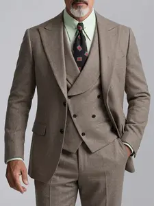Men's Three-Piece Suit Set, Includes Jacket, Vest, and Pants, Classic Fashionable Plain Two-Button Design, Formal Wear Suitable for Weddings, Business, Parties