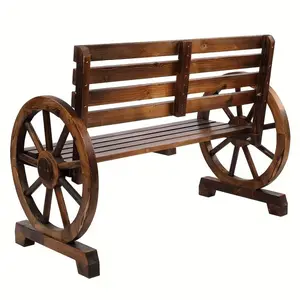 41.5" Fir‑Carbonized Wooden Garden Bench with Decorative Wooden Wheels – Outdoor Porch & Yard Seating (Brown)