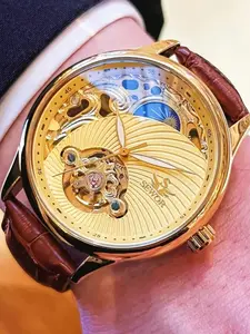 Men's Automatic Mechanical Watch, Hollow Design, Skeleton Watches, Band, Analog Dial, Hardlex Glass, Business Style, No Battery Needed