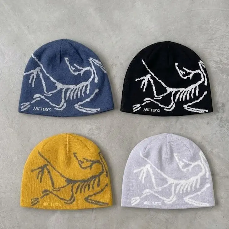 Arc'teryx Bird Head Toque Beanie – Blue, Black, Yellow & White Knit Winter Hat, Oversized Skeleton Logo Beanie, Unisex Outdoor Headwear, Warm Ski Snowboard Hiking Camping Streetwear Cap