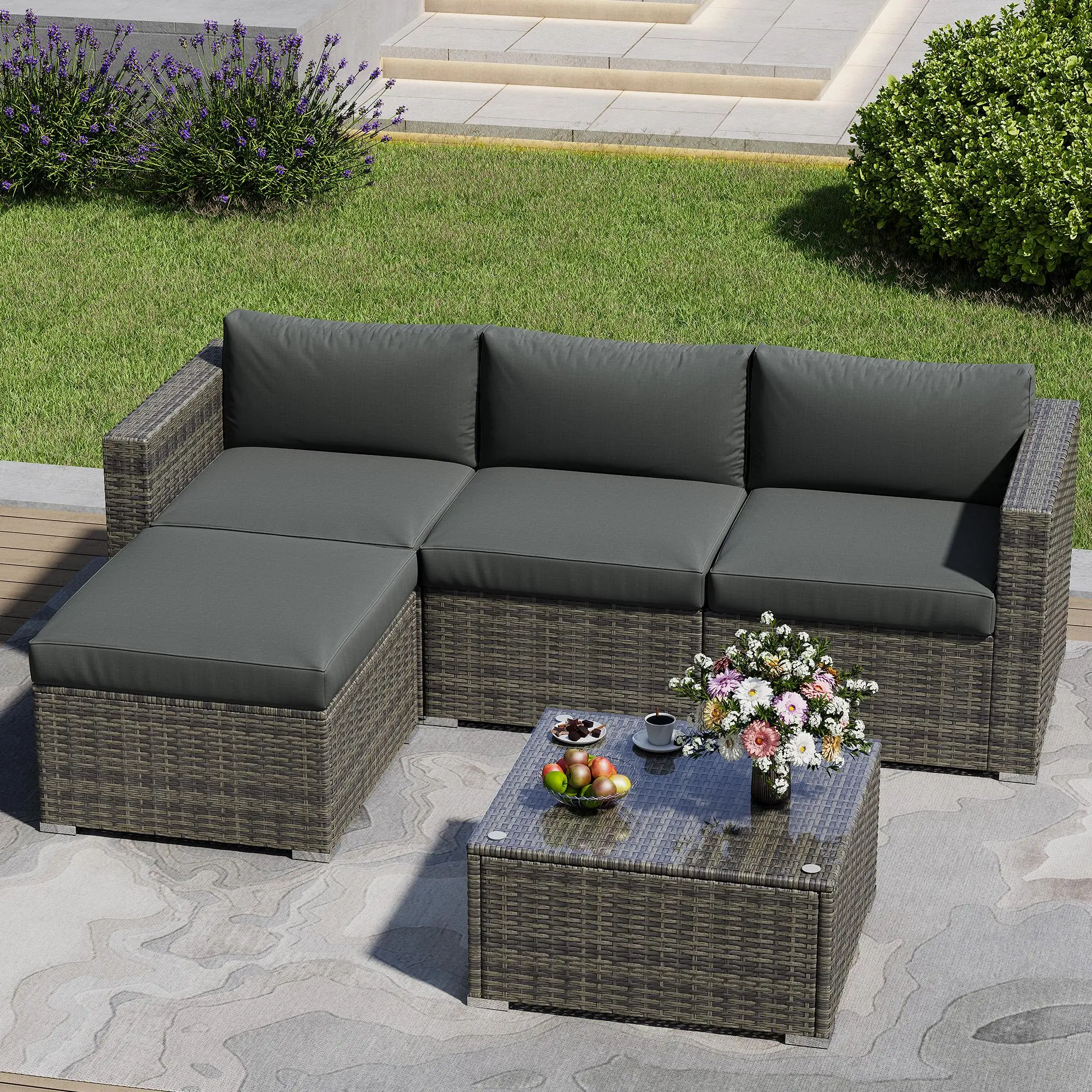 RoyalCraft L 5-Piece Patio Furniture Set, All Weather Wicker Patio Conversation Seating Sets with Ottoman and Coffee Table, Outdoor Modular Sectional Sofa Couch for Porch Balcony Backyard Deck