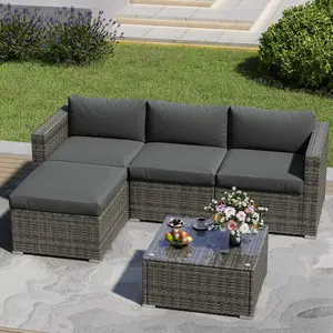 RoyalCraft L 5-Piece Patio Furniture Set, All Weather Wicker Patio Conversation Seating Sets with Ottoman and Coffee Table, Outdoor Modular Sectional Sofa Couch for Porch Balcony Backyard Deck