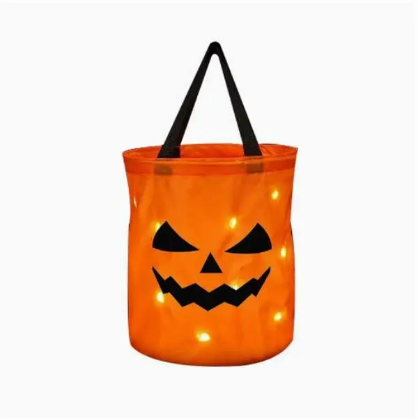 Non-Woven LED Light Halloween Pumpkin Candy Tote Bucket, Reusable Trick or Treat Gift Bag, Light Up Night Handbags for Kids, Outdoor Lawn Decor, Halloween Christmas Holiday Party Favor Supplies