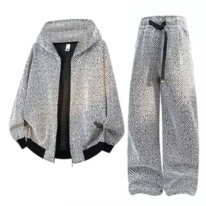 Men's Black & White Pattern Sports Set - Oversized Hooded Jacket + Drawstring Pants, Urban Style Trendy Casual Outfit