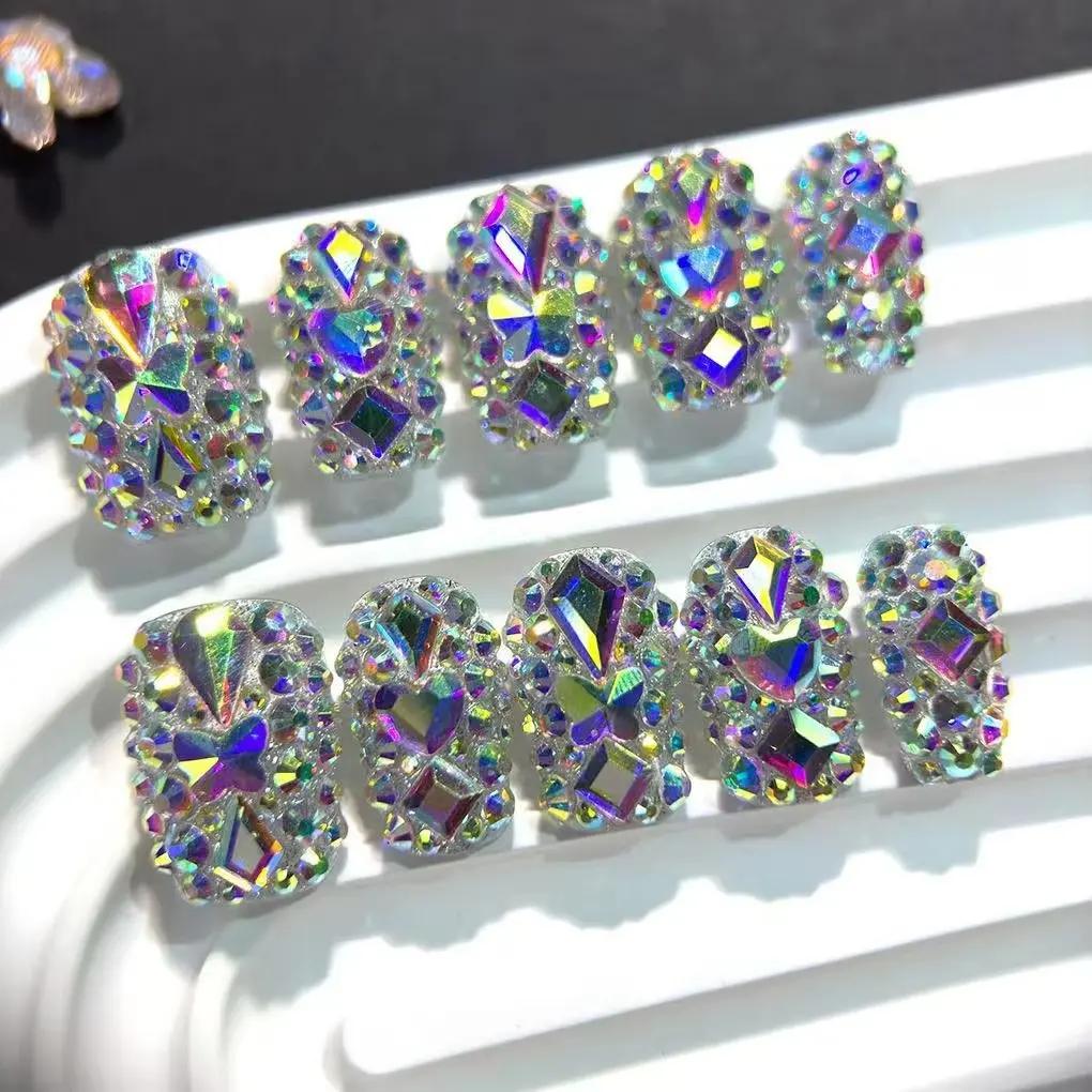 10pcs high-end AB Full of colorful diamonds handmade fake nails, Light luxury short and eye-catching nail art, Glitter Decorative Nails, Glittering Fake Nails