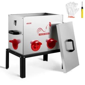 VEVOR Automatic Chicken Feeder, 40 lbs Capacity, 6 Feeding Ports No-Waste Poultry Feeder with Built-In Divider, with Latch Handle, Metal Construction, for Chickens Bantams Pheasants Poultry Coop