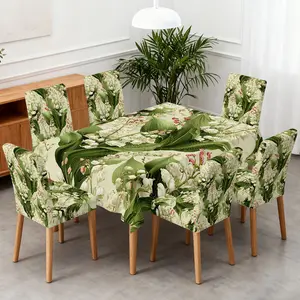 4/5/6/7pcs Verdant Blossom Harmony Dining Chair Slipcover And Tablecloth Set, Easy to Install & Clean, Fits Dining Room, Parties, Kitchen, Indoor Use, Picnics, Festival Decor, All Seasons & Gift, Dining Chair Protector