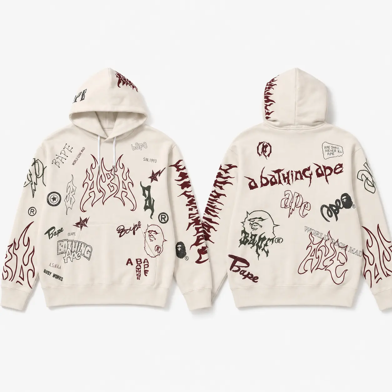 BAPE Men’s All-Over Graphic Pullover Hoodie, Graffiti Flame Streetwear Sweatshirt, Oversized Casual Long Sleeve Hoodie with Kangaroo Pocket
