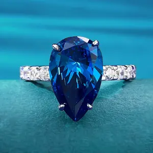 2024 New Royal Blue gem 9*14mmPear-shaped drop shape temperament ring Simple and powerful blue ring