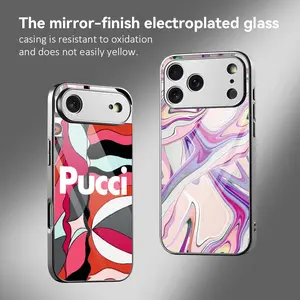 E-Emilio logo Pucci Phone Case For iPhone 12–17 Series Electroplated Metal Bumper with Tempered Glass Back
