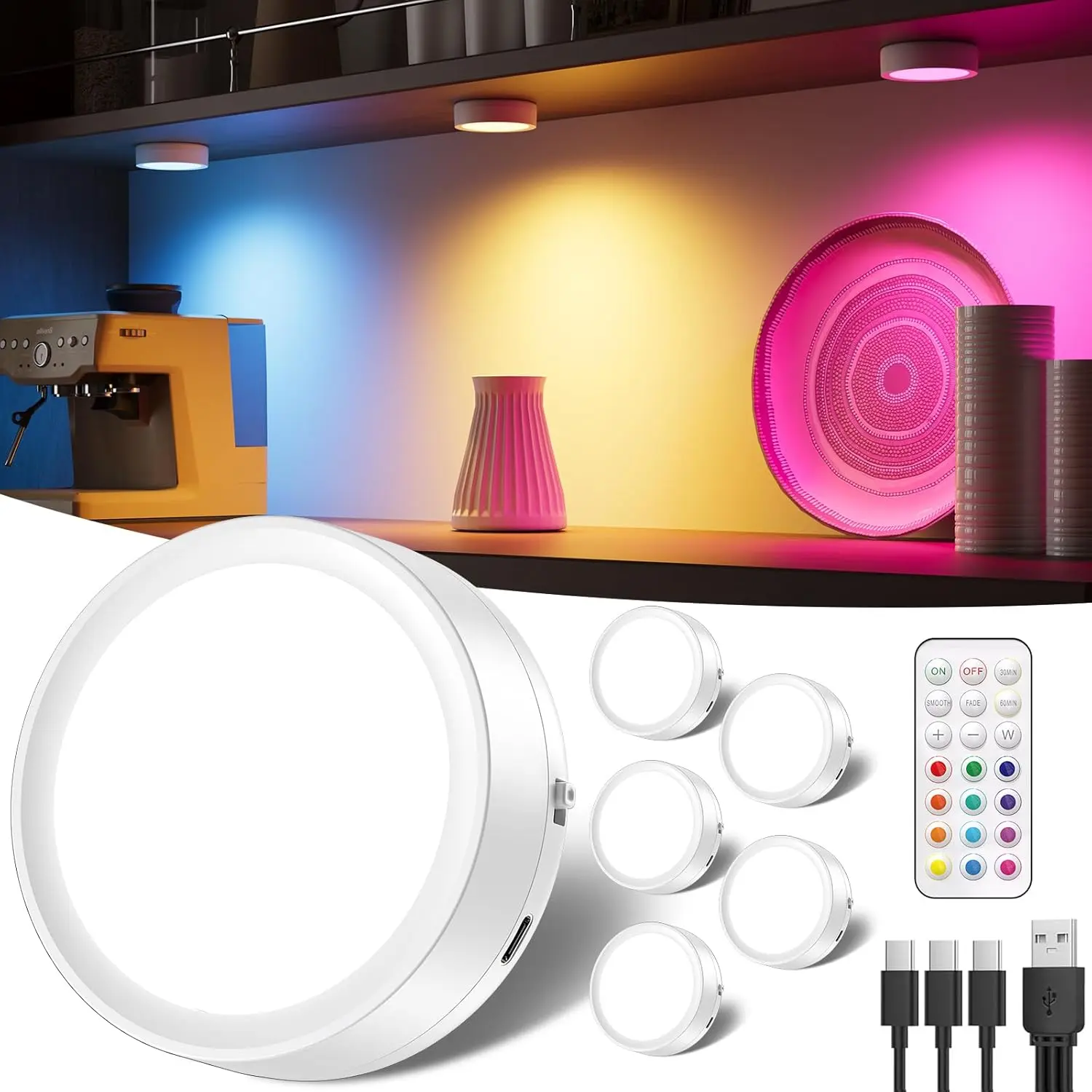 Wireless LED Puck Lights for Closet & Kitchen, 2400mAh Rechargeable Tap Lights with Remote, RGB Magnetic Spotlights for Under Cabinet Shelf Display, Colour Changing Wireless Lighting for Wardrobe, Bedroom, Party Decor,Durable Stick On Lamp,furniture light